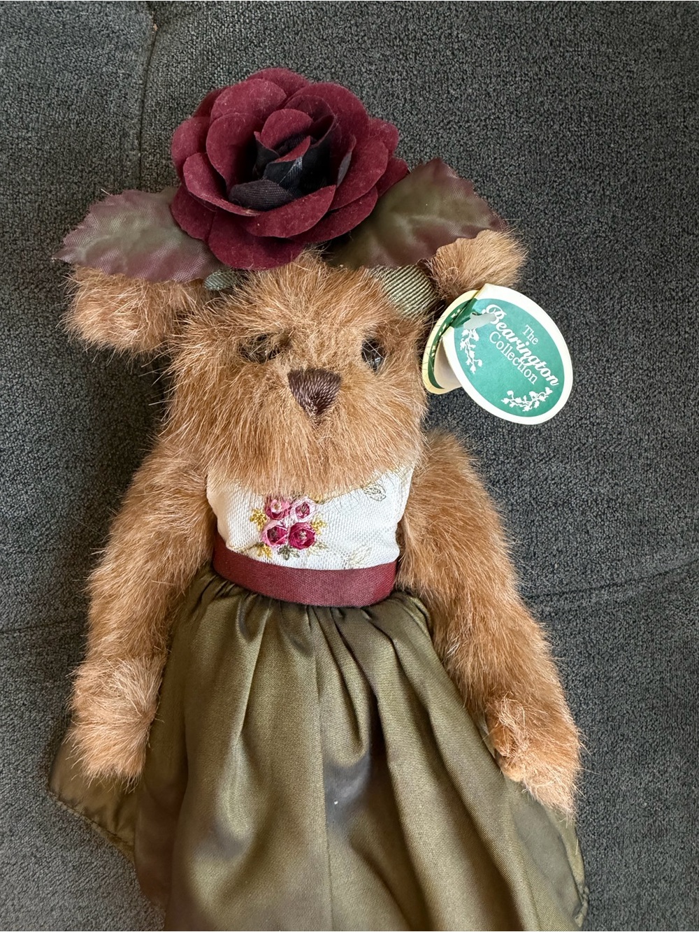 The Bearington Collection “Rosie” Floral Hat Bear in Olive Green Dress